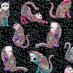 Black fabric with large pink, purple, and teal paisley-patterned cats and gold metallic accents
