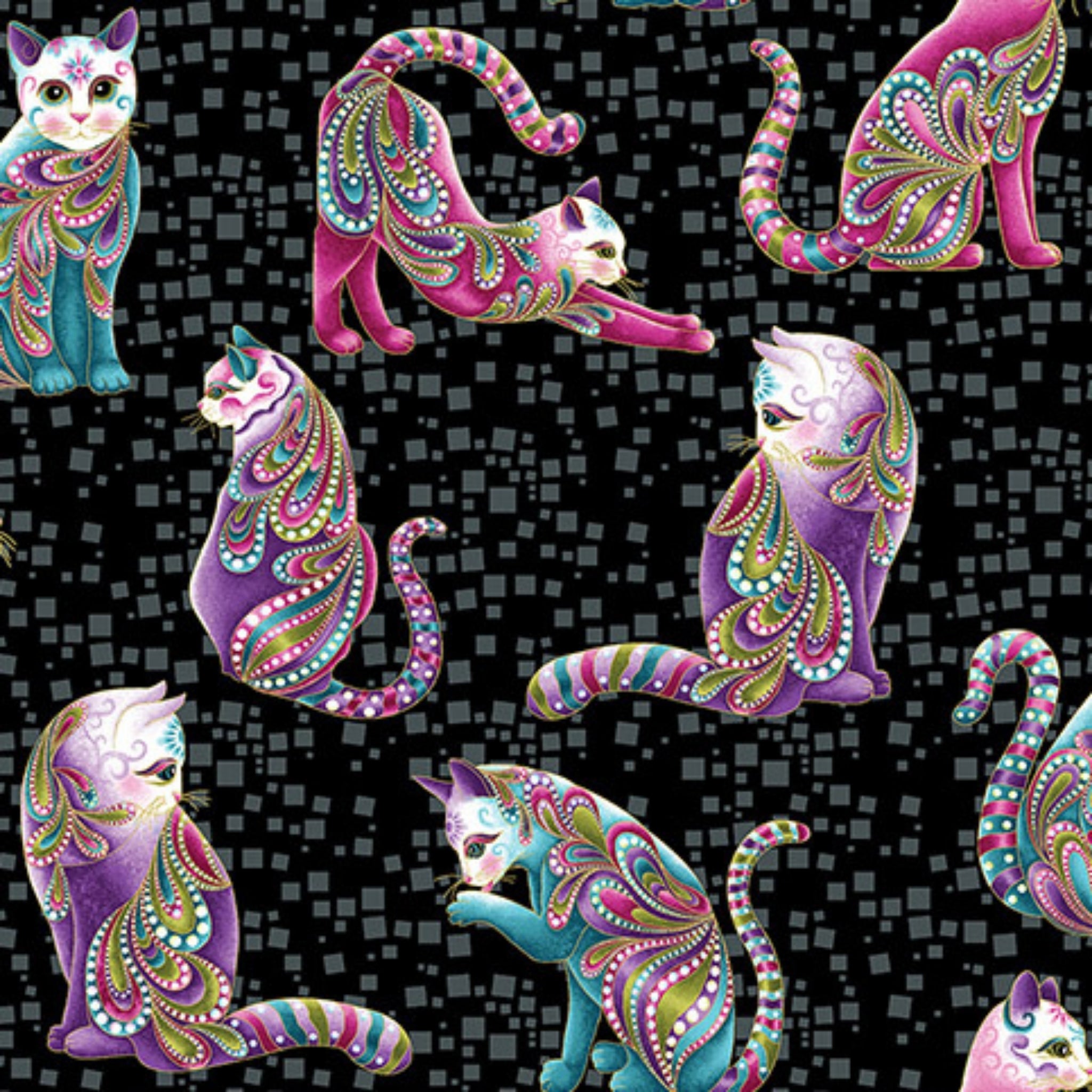 Black fabric with large pink, purple, and teal paisley-patterned cats and gold metallic accents