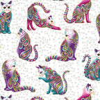 White fabric with pink, purple, and teal paisley patterned cats and gold metallic accents