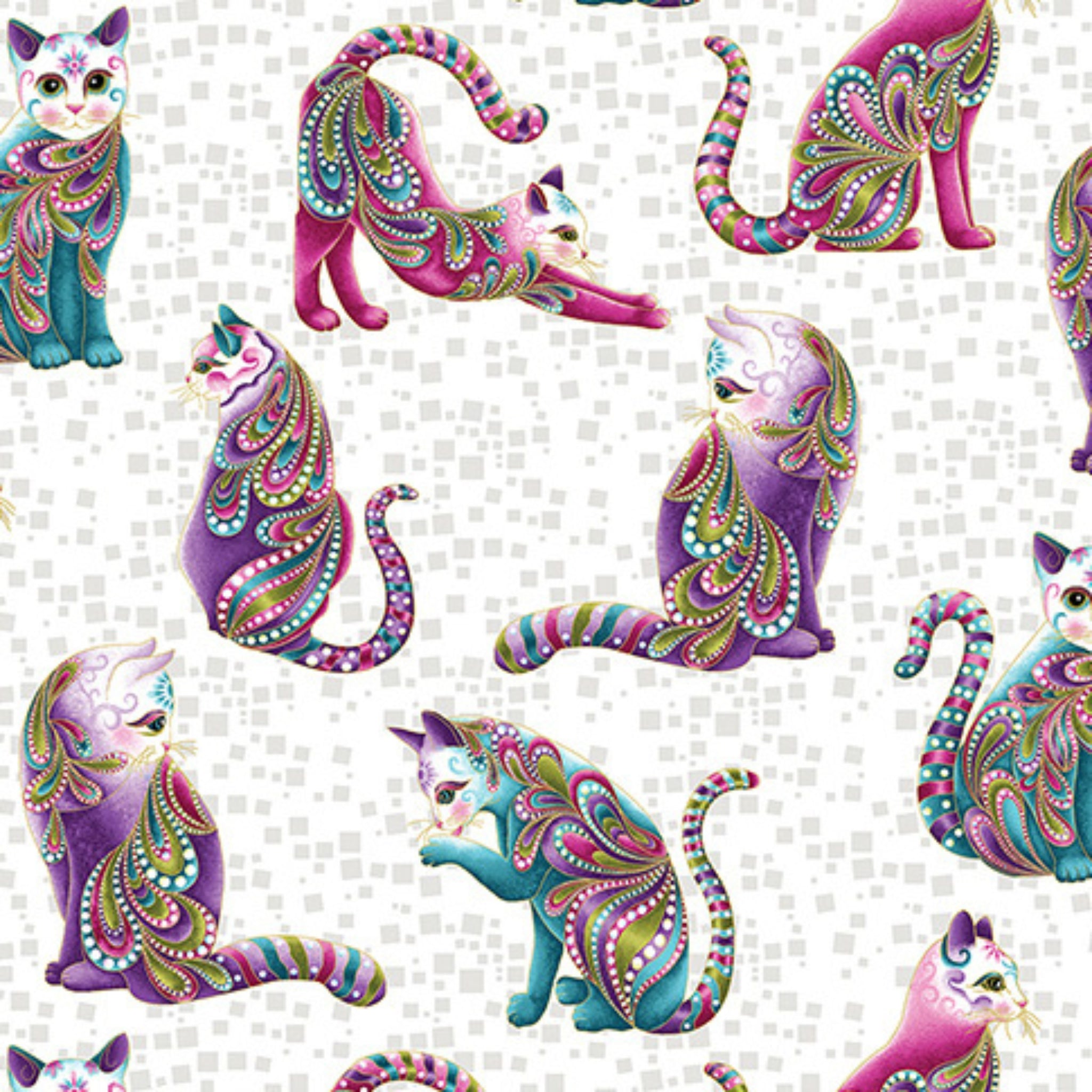 White fabric with pink, purple, and teal paisley patterned cats and gold metallic accents