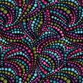 Black fabric with swirling patterns of small beads in purple, teal, green, and pink