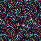 Black fabric with swirling patterns of small beads in purple, teal, green, and pink
