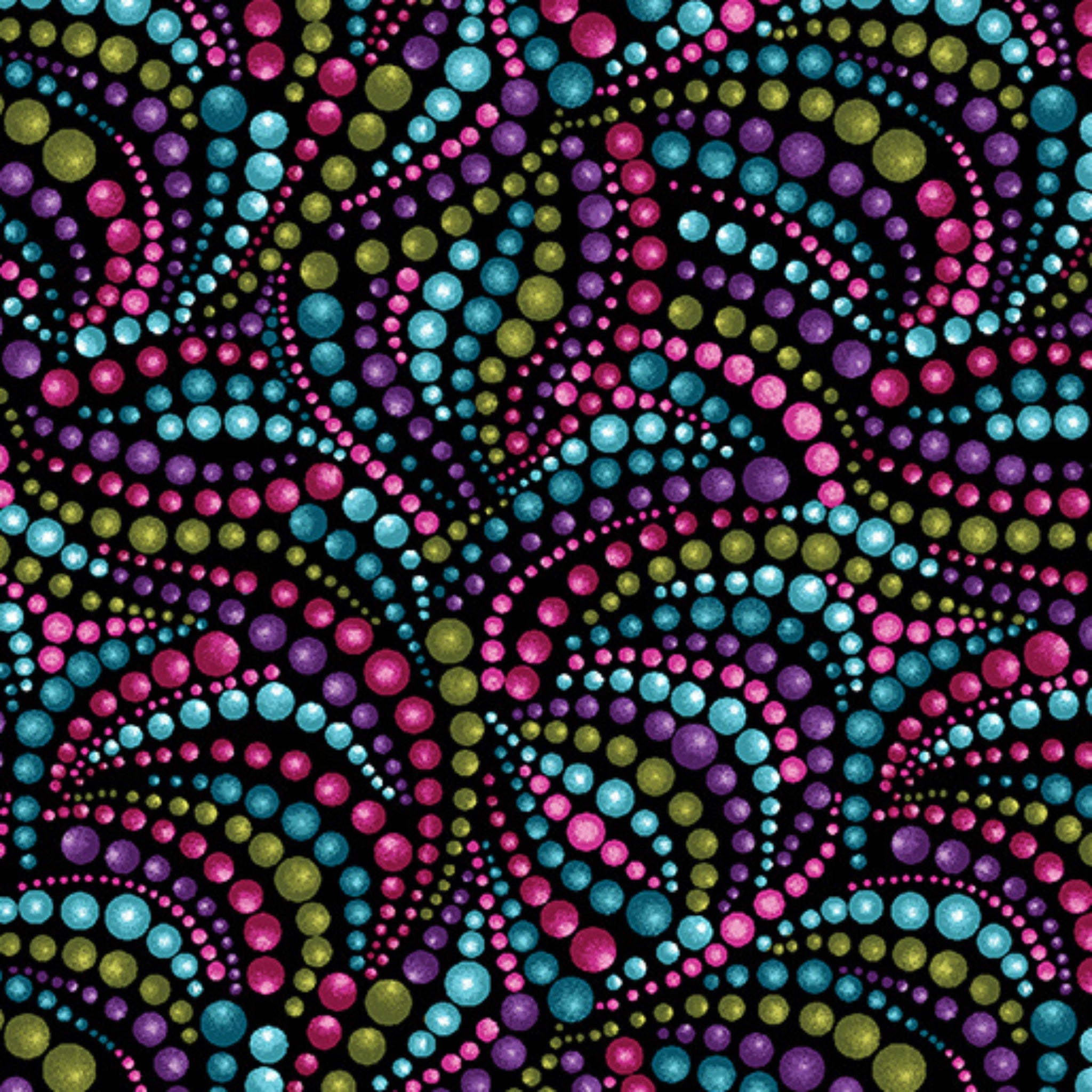 Black fabric with swirling patterns of small beads in purple, teal, green, and pink