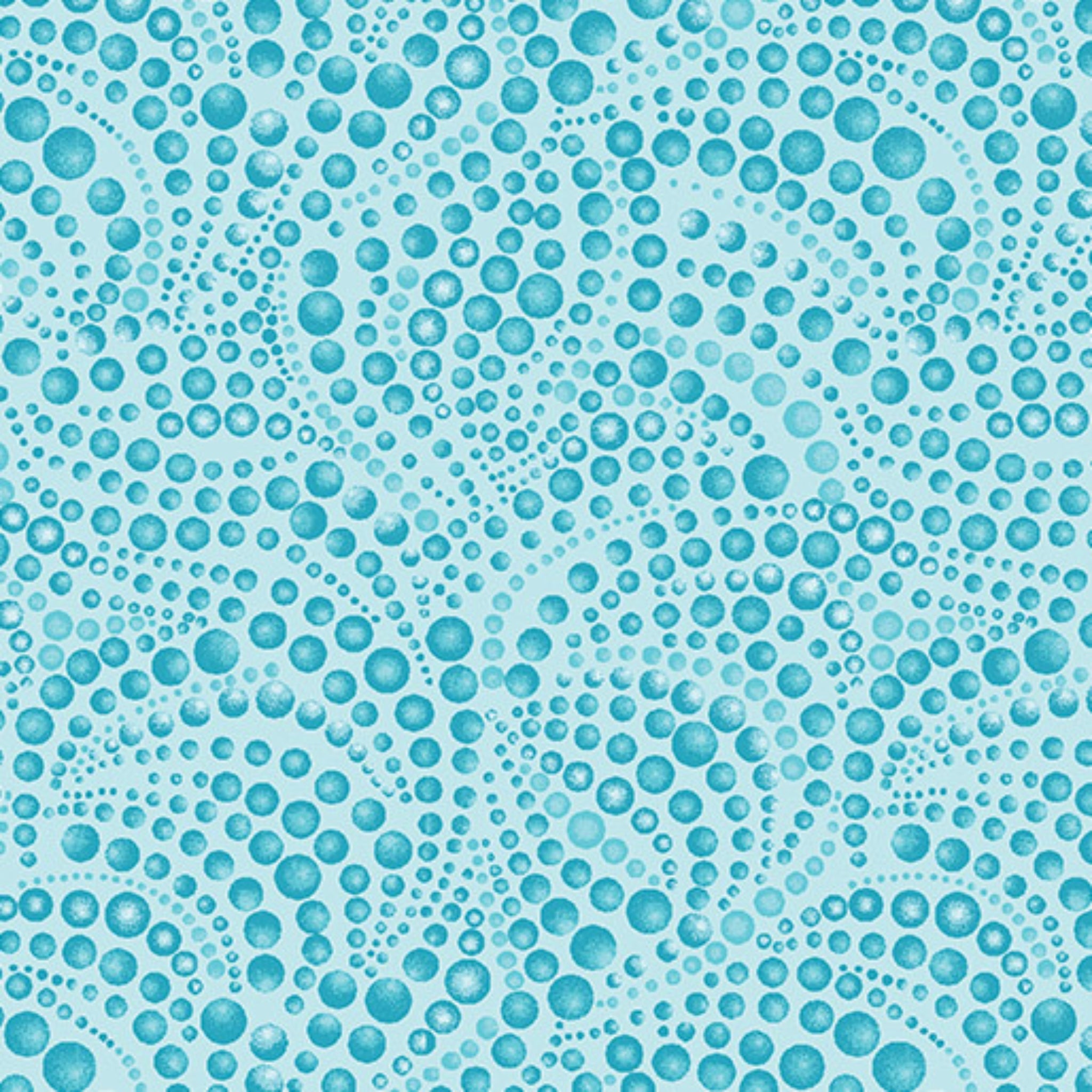Tonal light teal fabric with an all-over patterned texture of swirling small and large teal beads