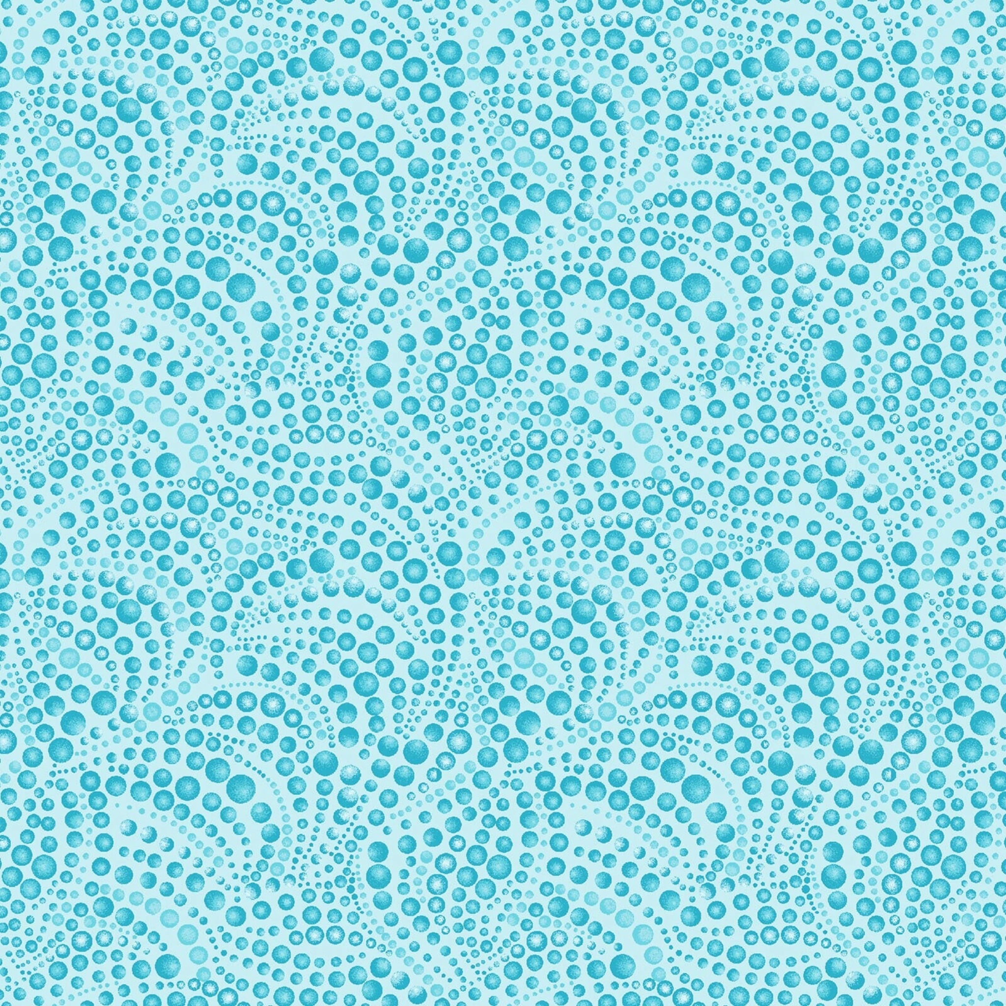 Tonal light teal fabric with an all-over patterned texture of swirling small and large teal beads