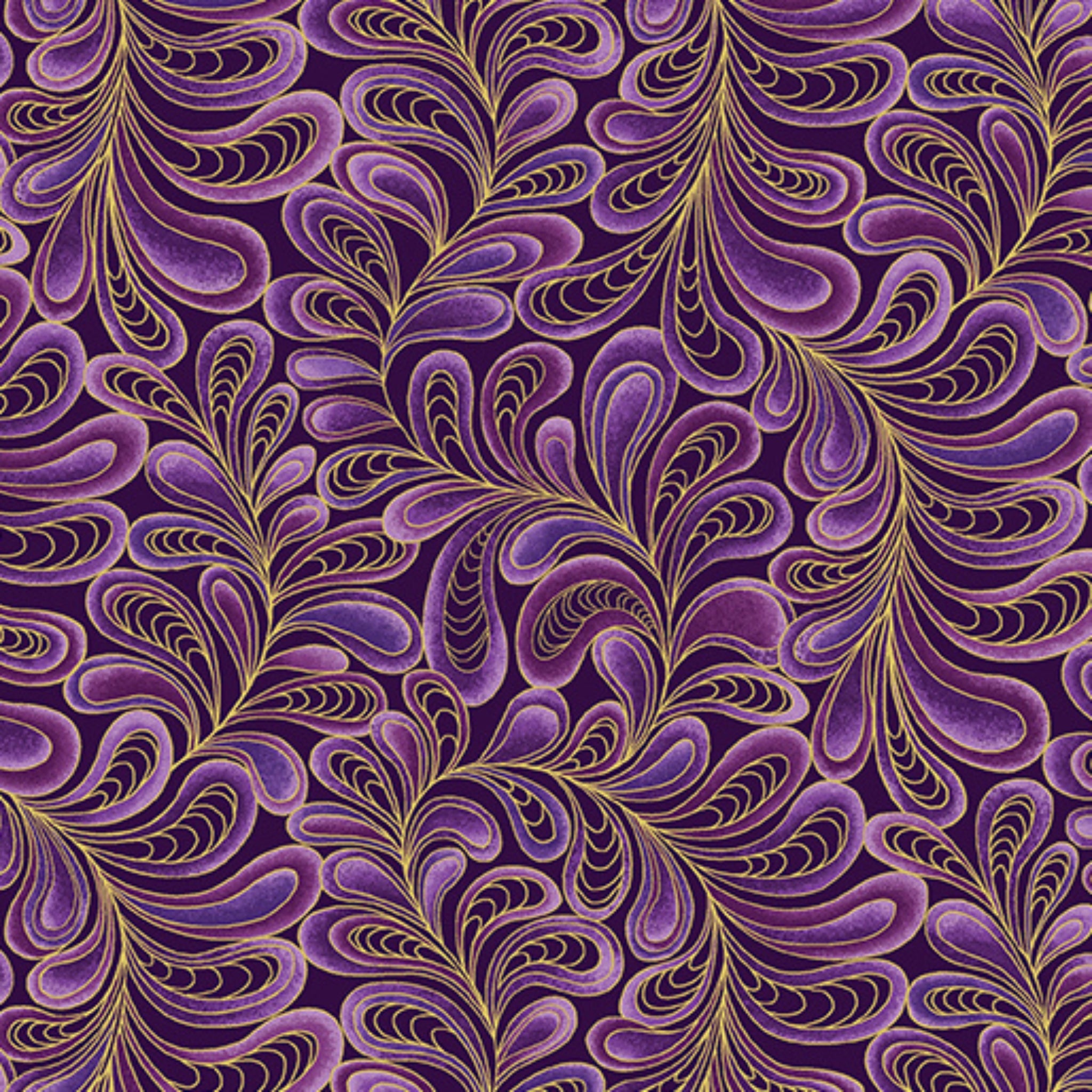 Tonal purple fabric with an all-over patterned swirl of feathers shapes outlined in gold metallic