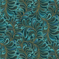 Tonal teal fabric with an all-over patterned swirl of feathers shapes outlined in gold metallic