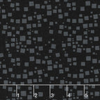 Tonal black fabric with an all-over pattern of scattered dark grey and black geometric squares