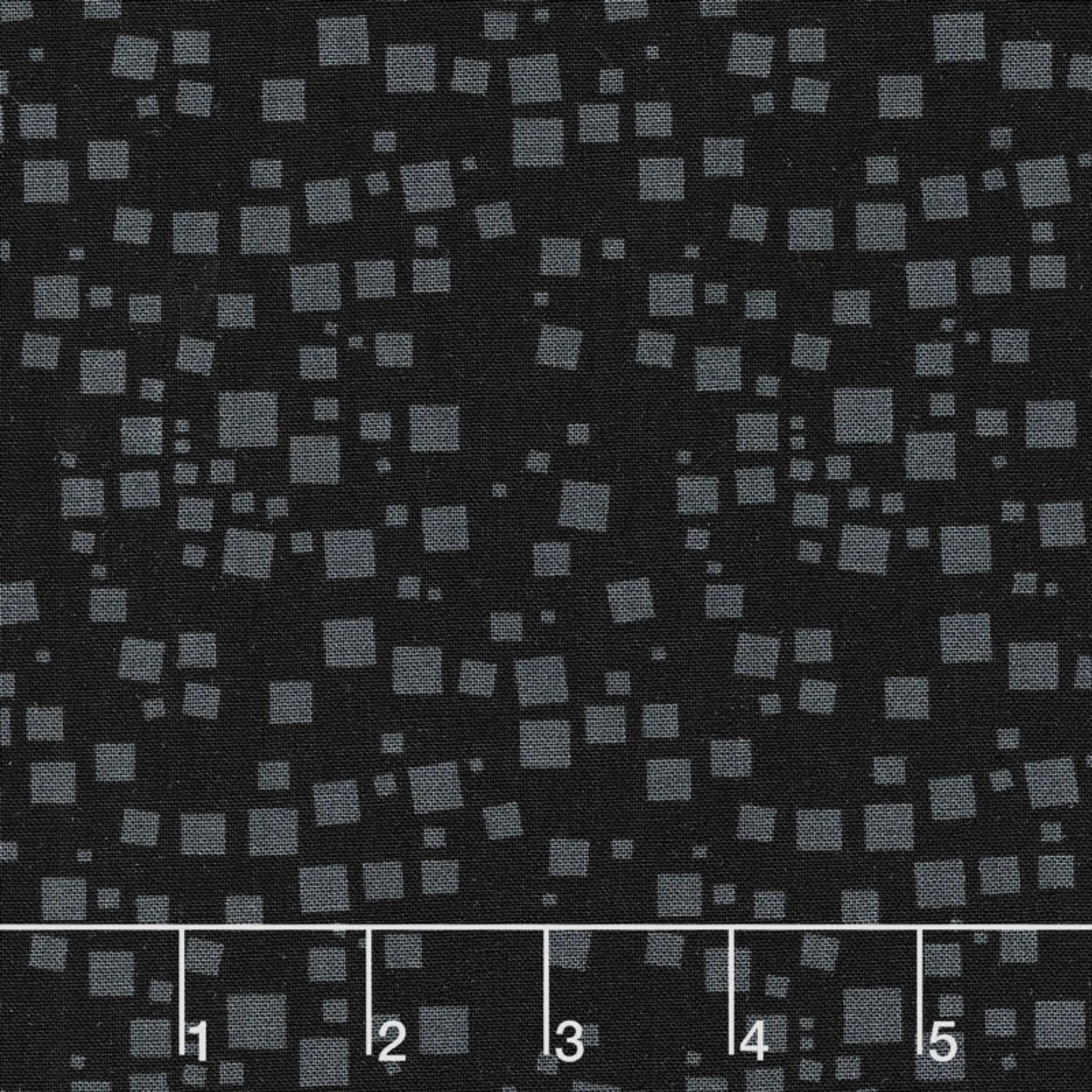 Tonal black fabric with an all-over pattern of scattered dark grey and black geometric squares