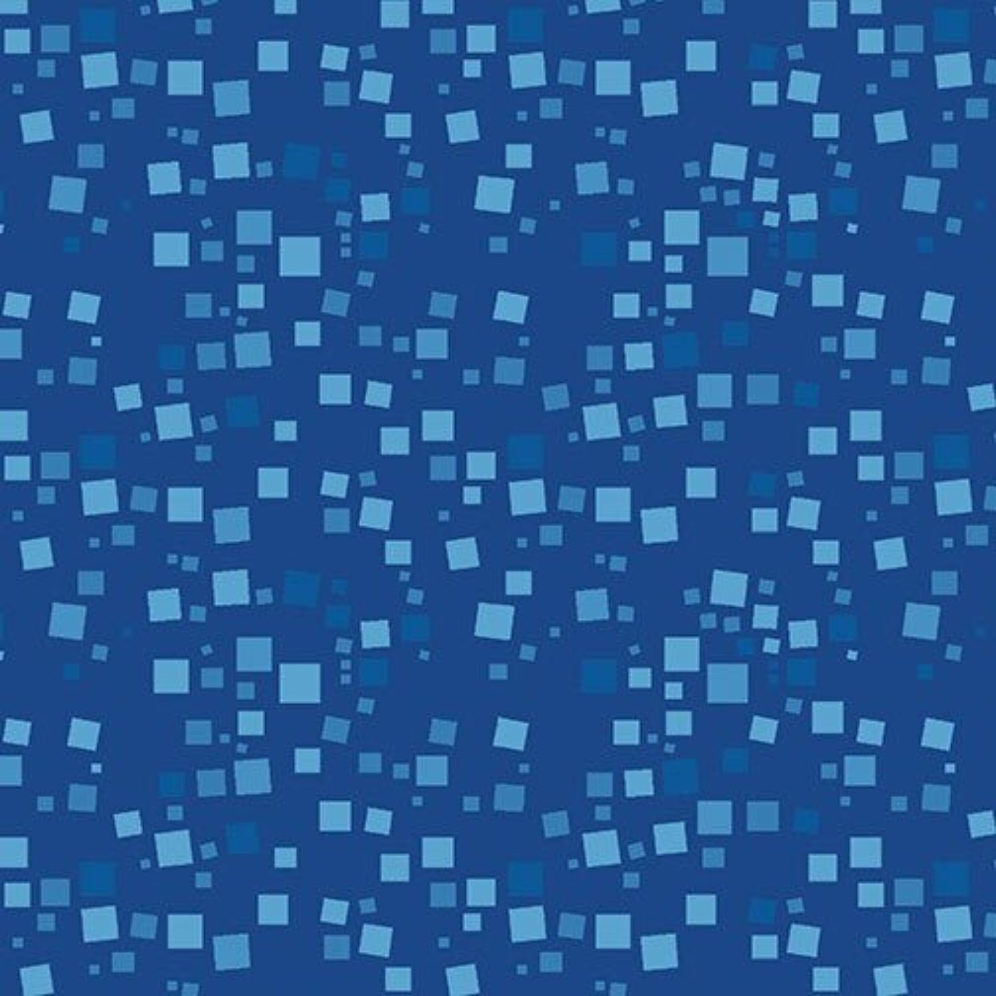 Tonal blue fabric with an all-over pattern of scattered light and royal blue geometric squares