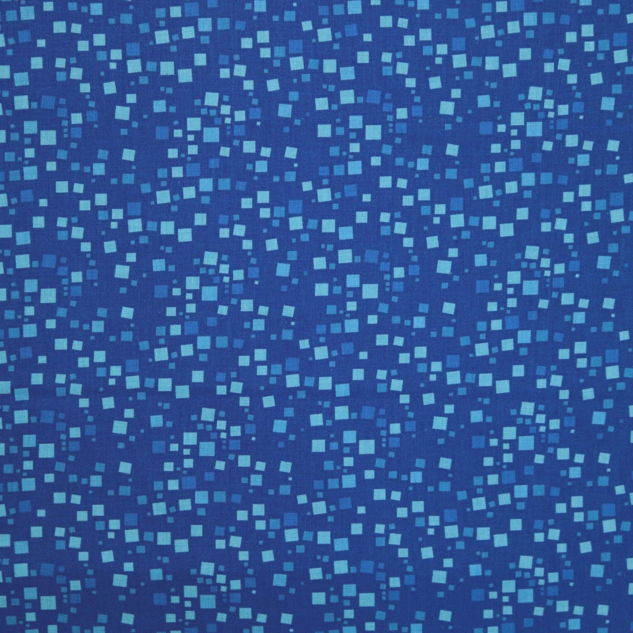Tonal blue fabric with an all-over pattern of scattered light and royal blue geometric squares
