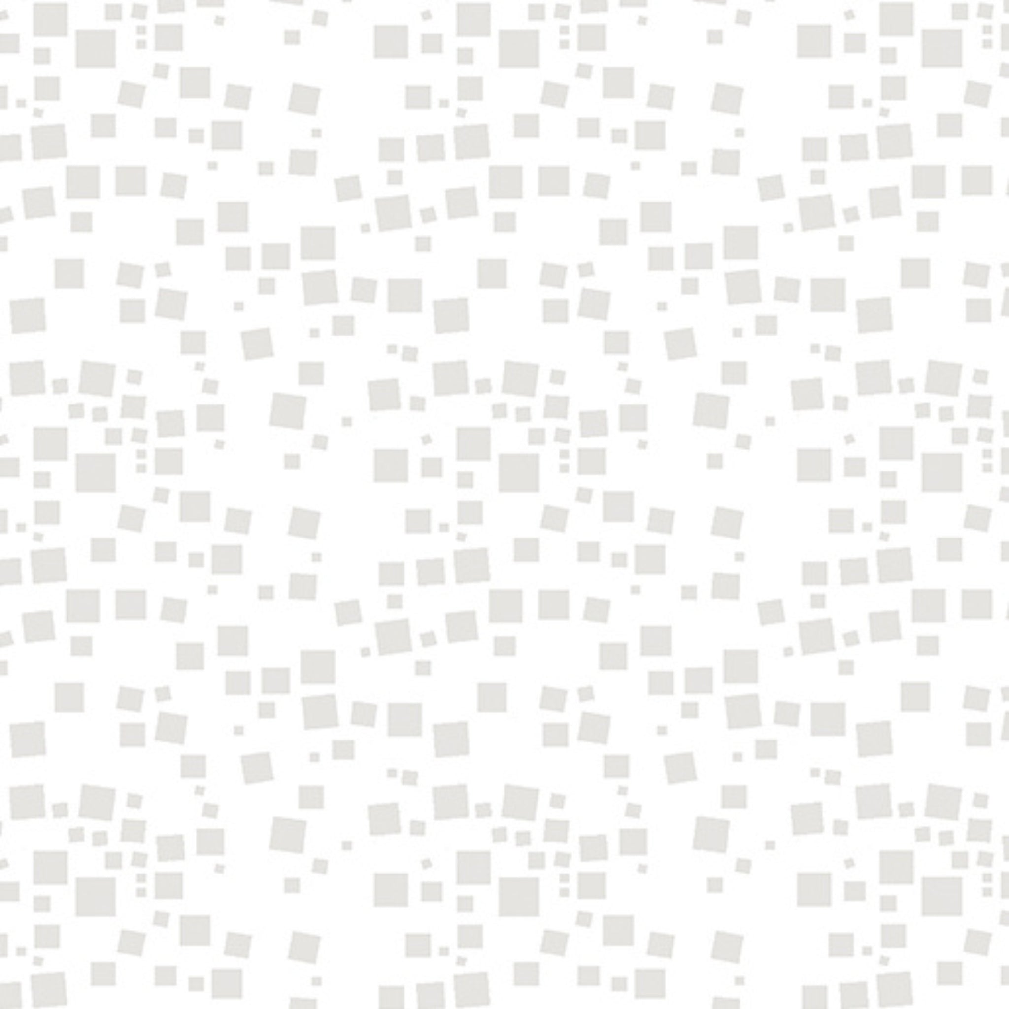 Tonal white fabric with an all-over pattern of scattered light grey and white geometric squares