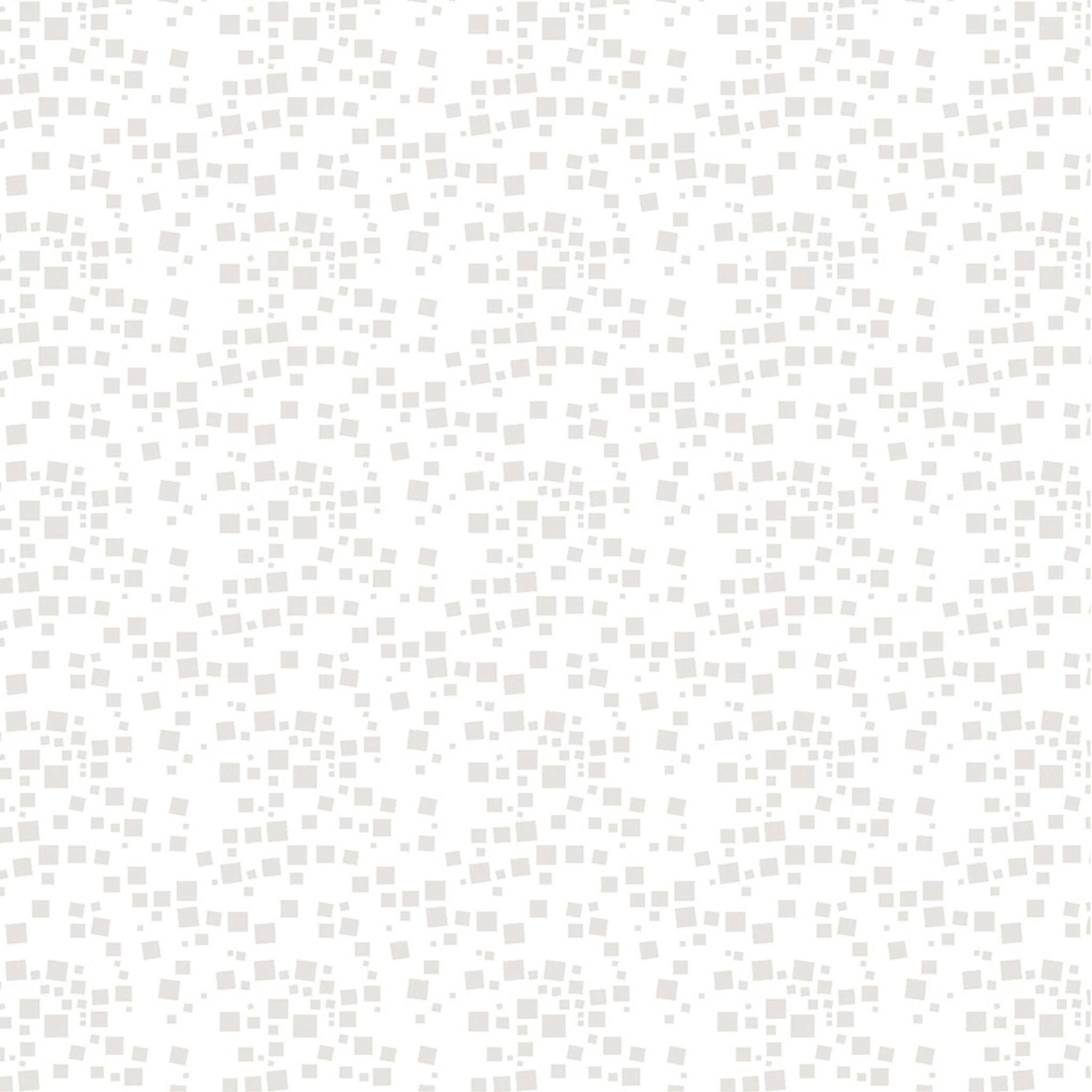 Tonal white fabric with an all-over pattern of scattered light grey and white geometric squares