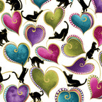 White fabric with black cat silhouettes and pink, purple, teal and green hearts with gold metallic