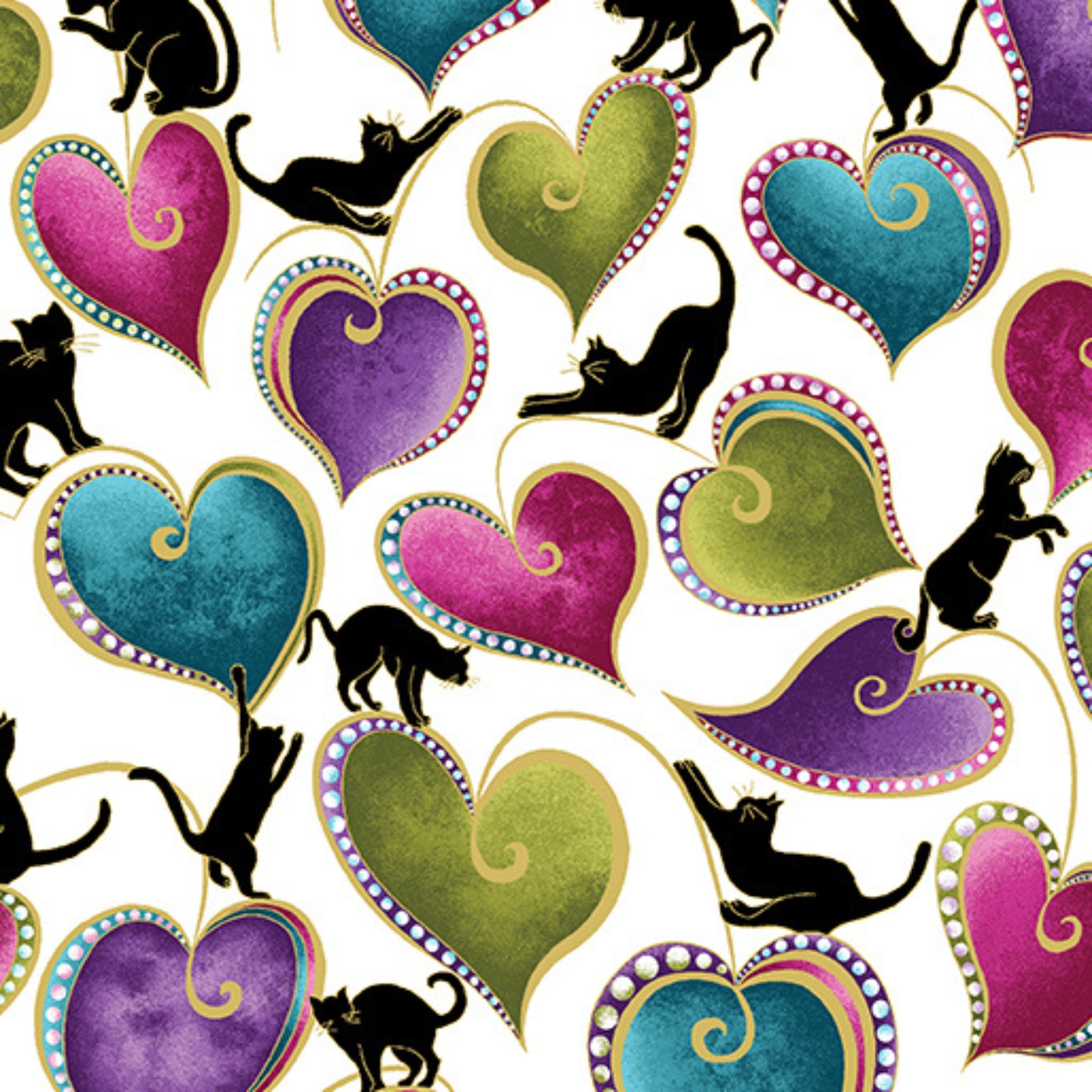 White fabric with black cat silhouettes and pink, purple, teal and green hearts with gold metallic