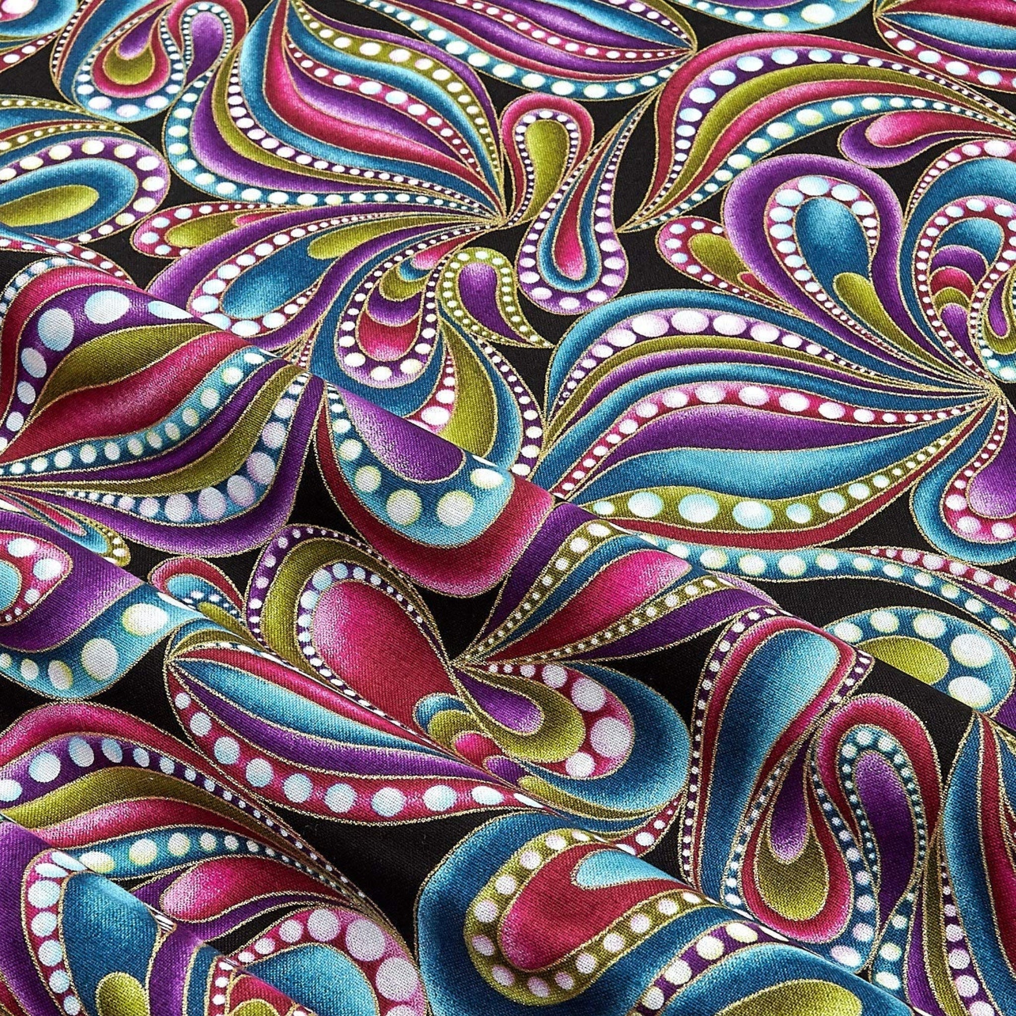 Black fabric with paisley shapes in purple, teal, pink, and lime green outlined in gold metallic
