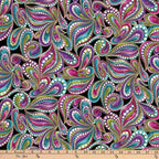 Black fabric with paisley shapes in purple, teal, pink, and lime green outlined in gold metallic