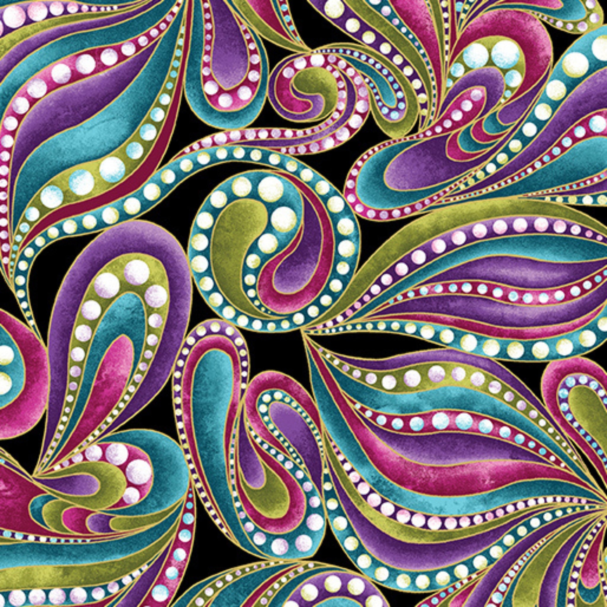 Black fabric with paisley shapes in purple, teal, pink, and lime green outlined in gold metallic