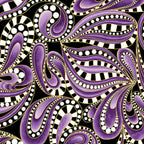 Purple paisley swirls with by white polka dots and checkerboard pattern with gold metallic outlines