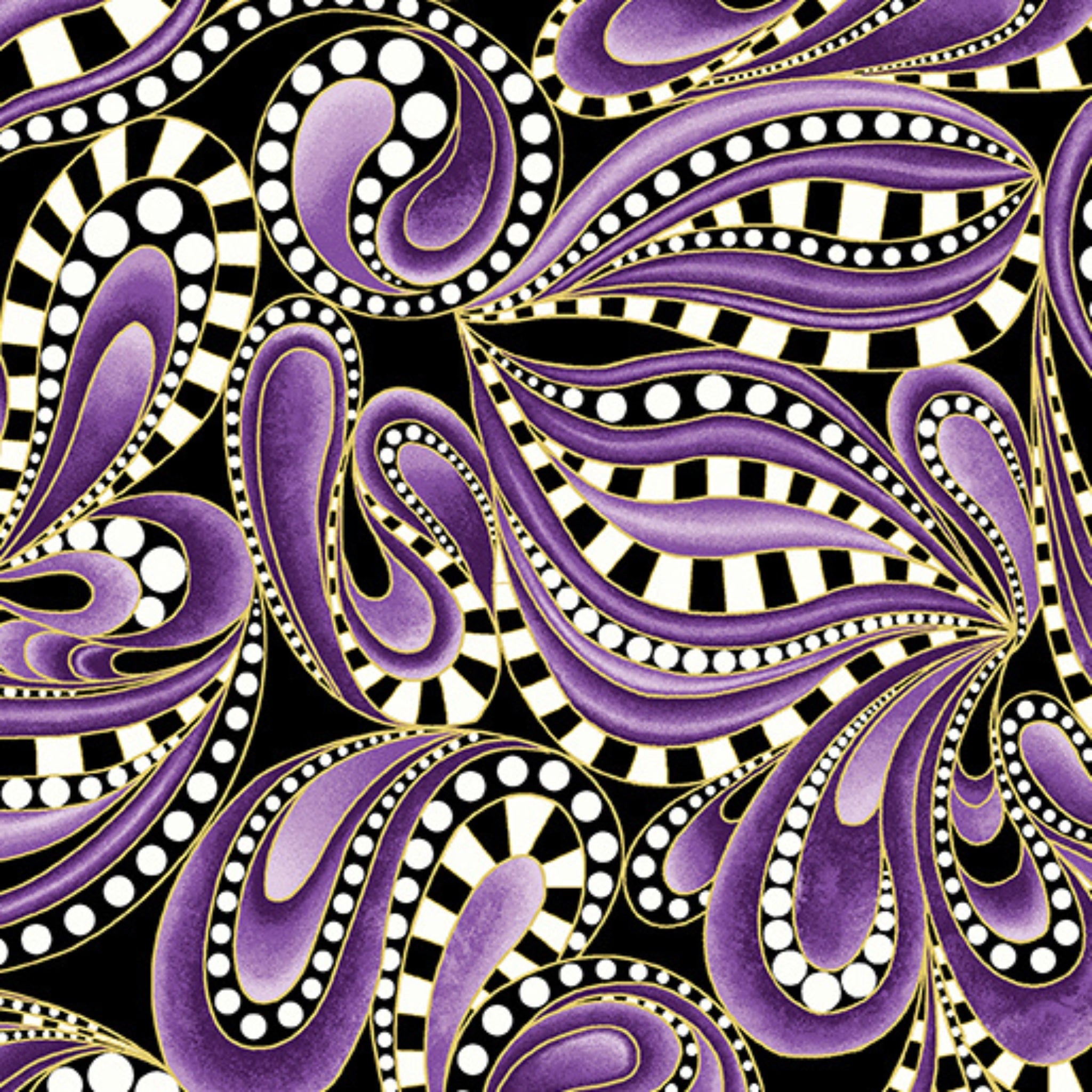 Purple paisley swirls with by white polka dots and checkerboard pattern with gold metallic outlines