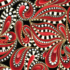 Red paisley swirls with by white polka dots and checkerboard pattern with gold metallic outlines