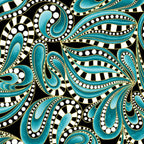 Teal paisley swirls with by white polka dots and checkerboard pattern with gold metallic outlines
