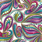 White fabric with paisley shapes in purple, teal, pink, and lime green outlined in gold metallic