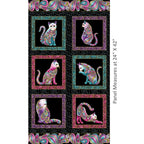 Black fabric panel with six framed squares with colourful cats with gold metallic accents