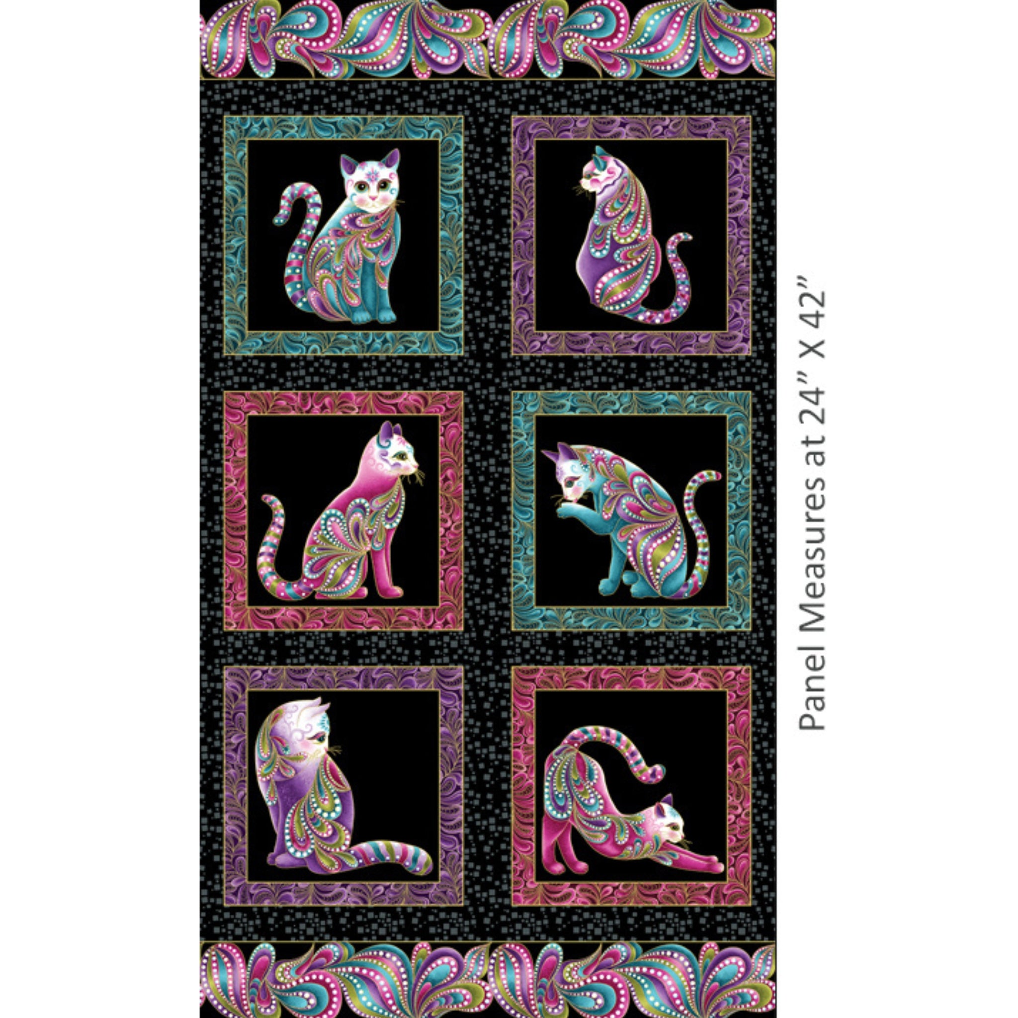 Black fabric panel with six framed squares with colourful cats with gold metallic accents