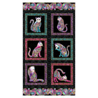 Black fabric panel with six framed squares with colourful cats with gold metallic accents