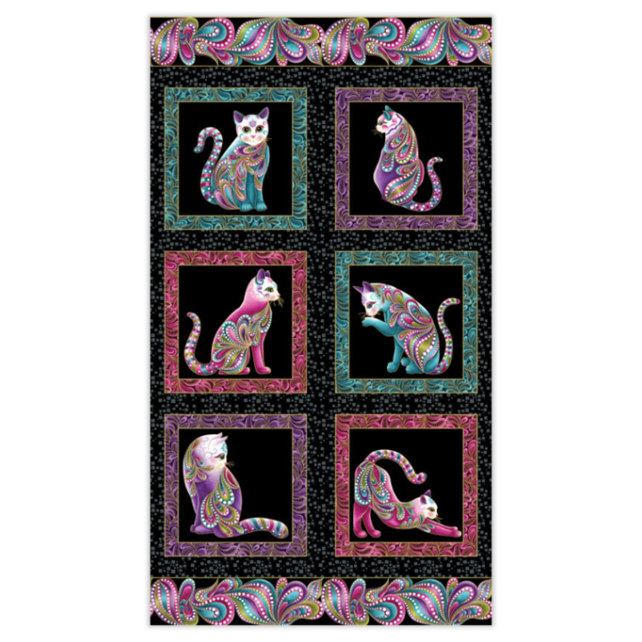 Black fabric panel with six framed squares with colourful cats with gold metallic accents