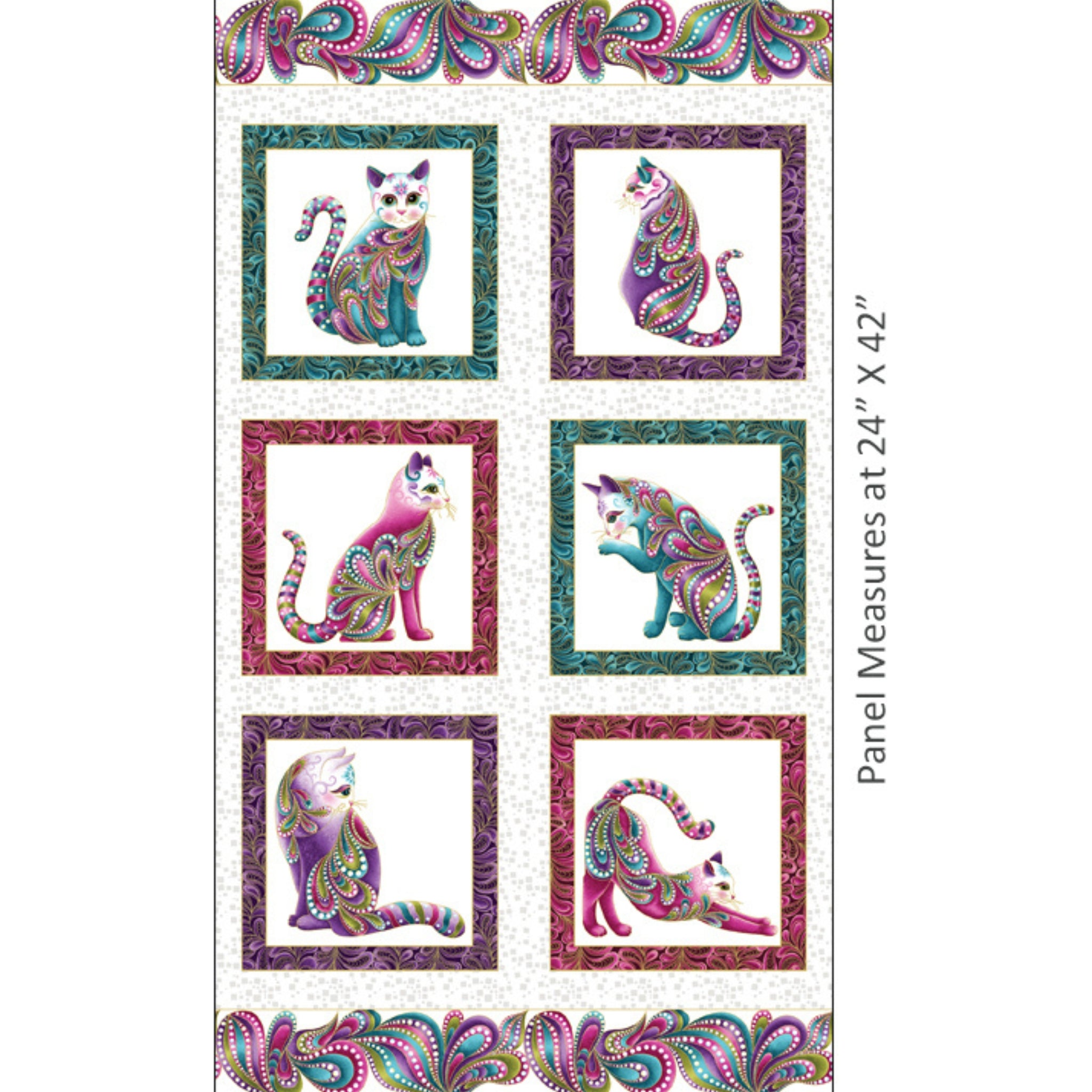 White fabric panel with six framed squares with colourful cats with gold metallic accents