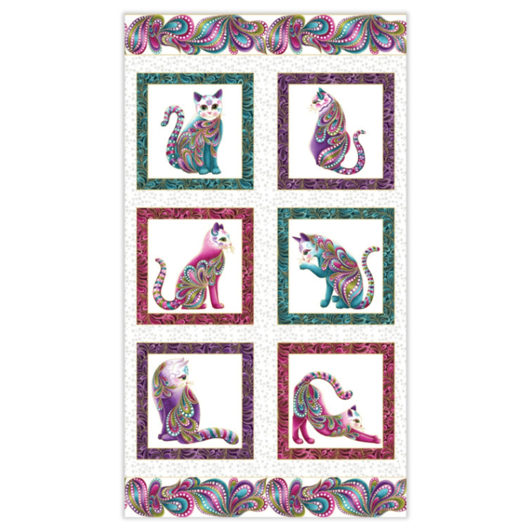 White fabric panel with six framed squares with colourful cats with gold metallic accents