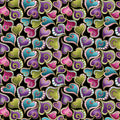 Black fabric with swirling hearts in pink, purple, teal, and green with gold metallic accents