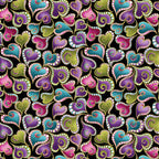 Black fabric with swirling hearts in pink, purple, teal, and green with gold metallic accents