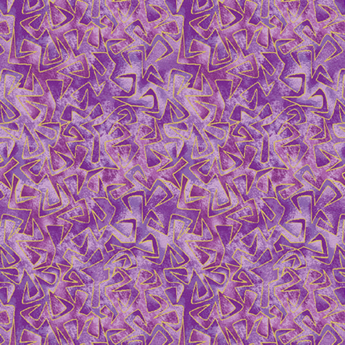 Tonal purple and pink fabric with all-over geometric triangular pattern with gold metallic
