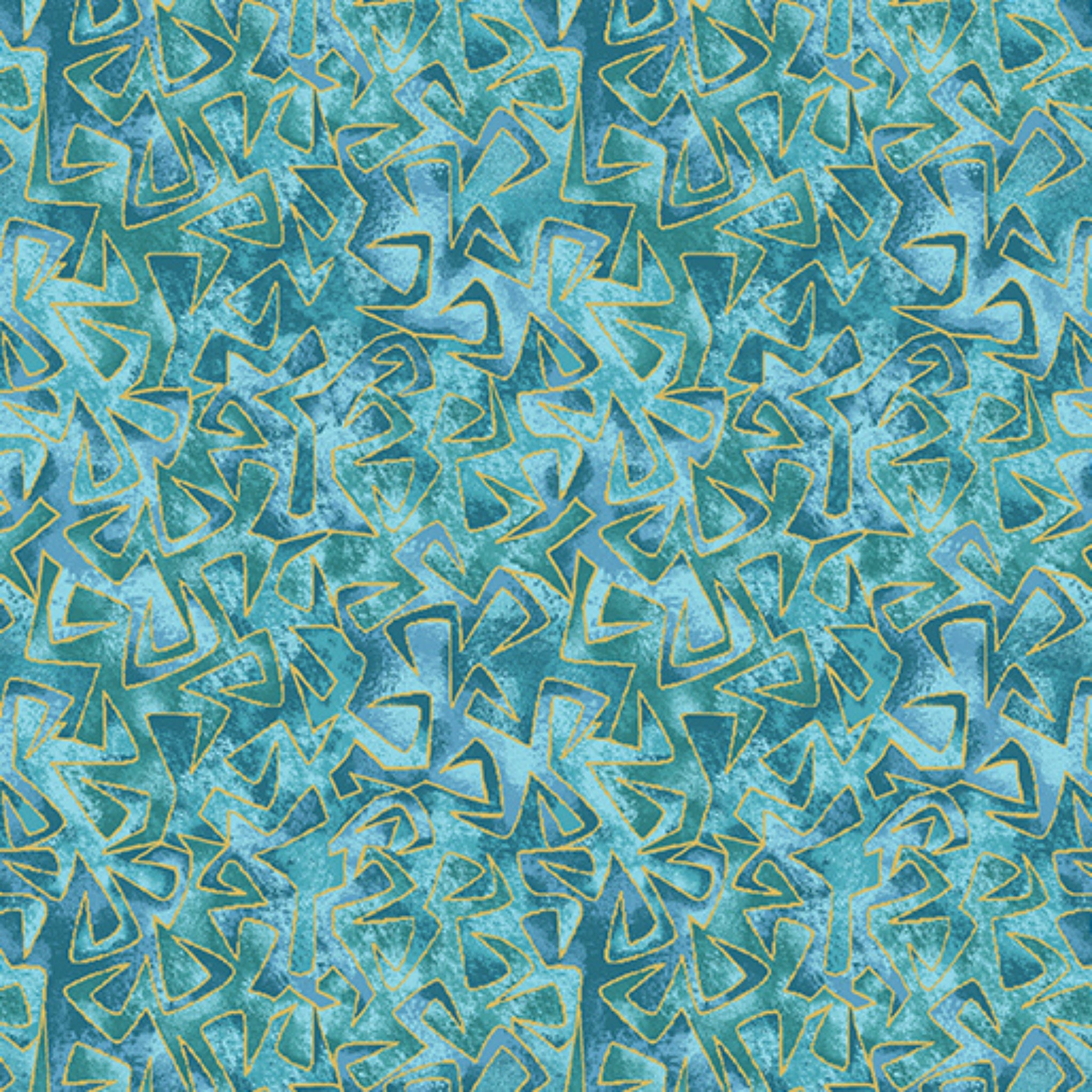 Tonal teal and aqua fabric with all-over geometric triangular pattern with gold metallic