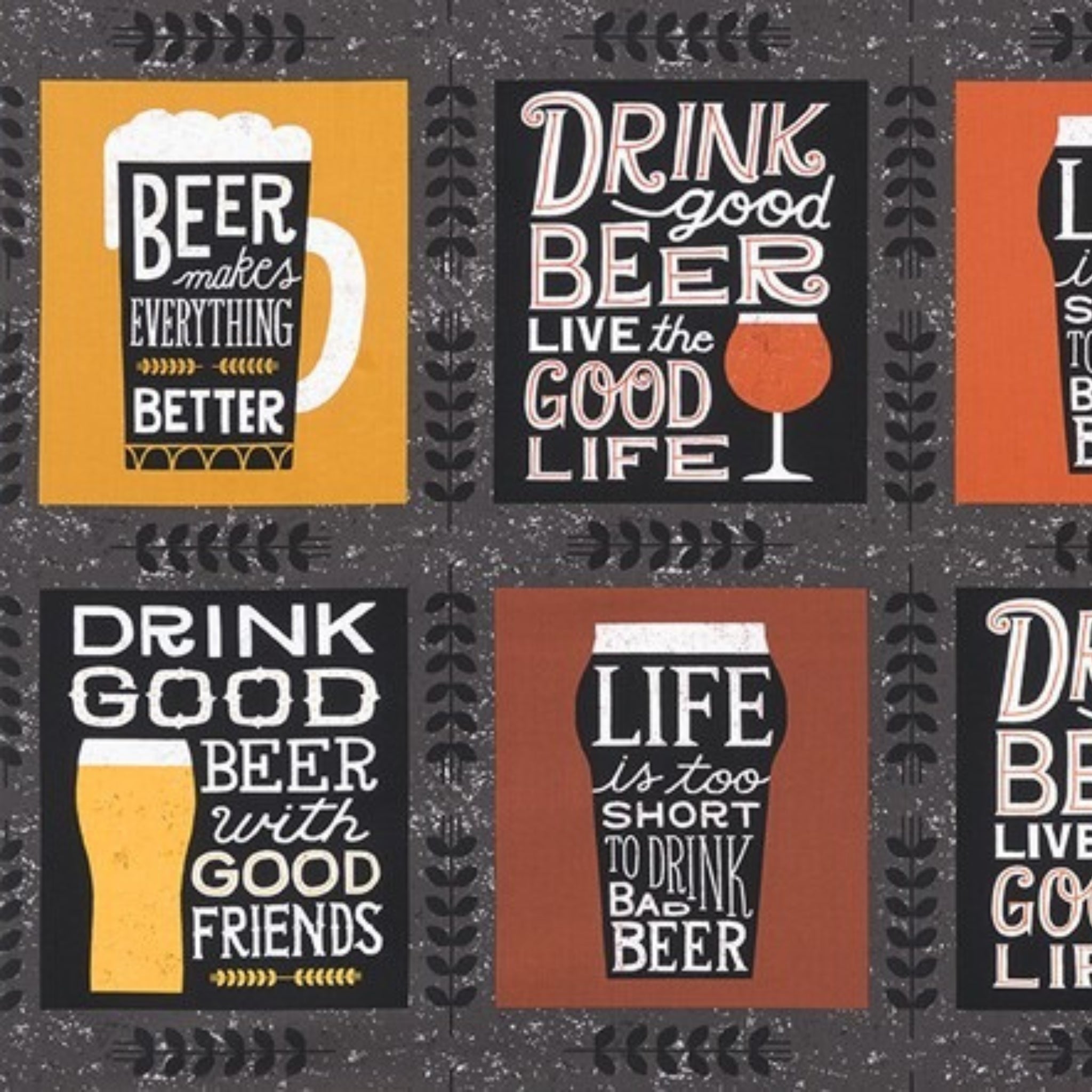 Beer drinking quotes sayings panel charcoal amber rust novelty fabric for mens quilts cushions gifts husbands dads beer lovers
