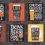 Beer quotes sayings panel charcoal yellow orange novelty fabric for mens quilts cushions gifts husbands dads beer lovers