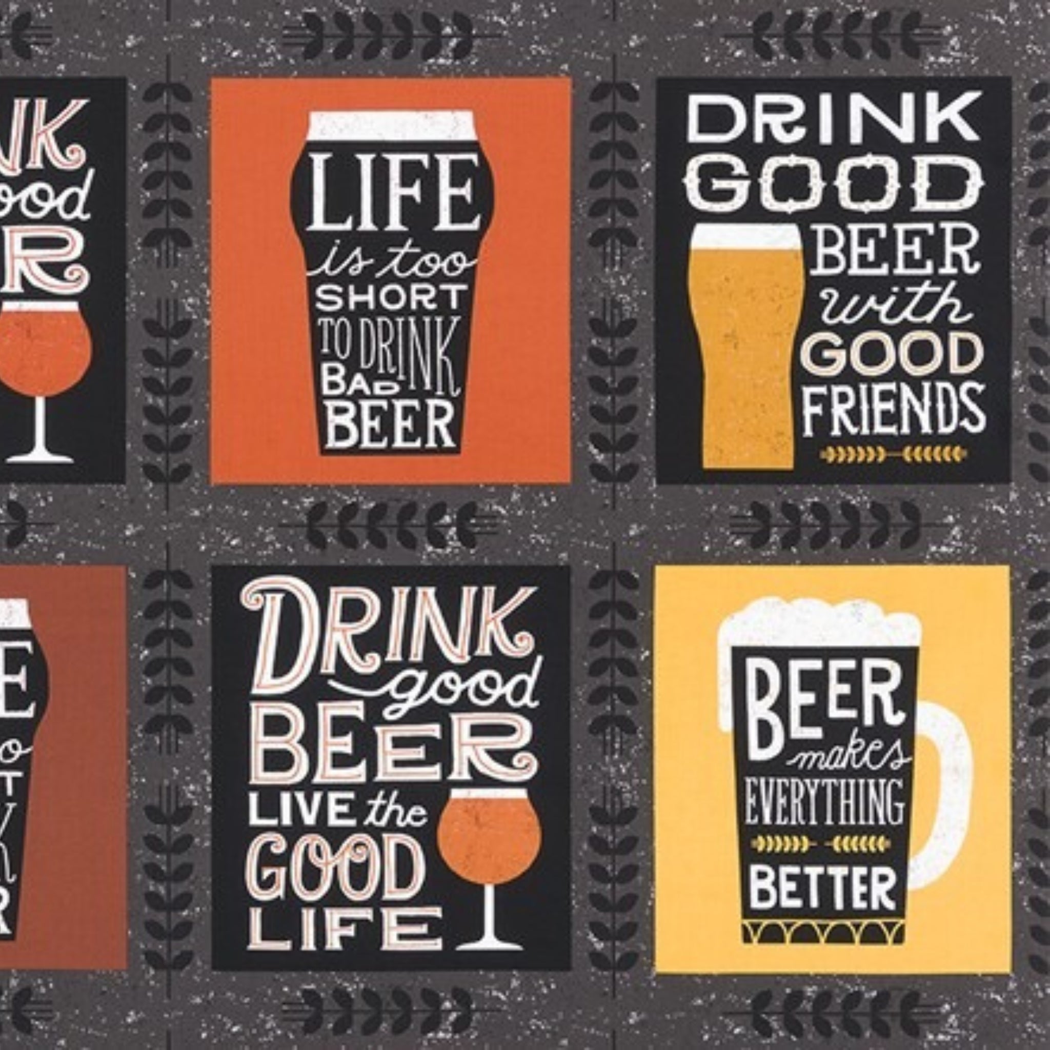 Beer quotes sayings panel charcoal yellow orange novelty fabric for mens quilts cushions gifts husbands dads beer lovers