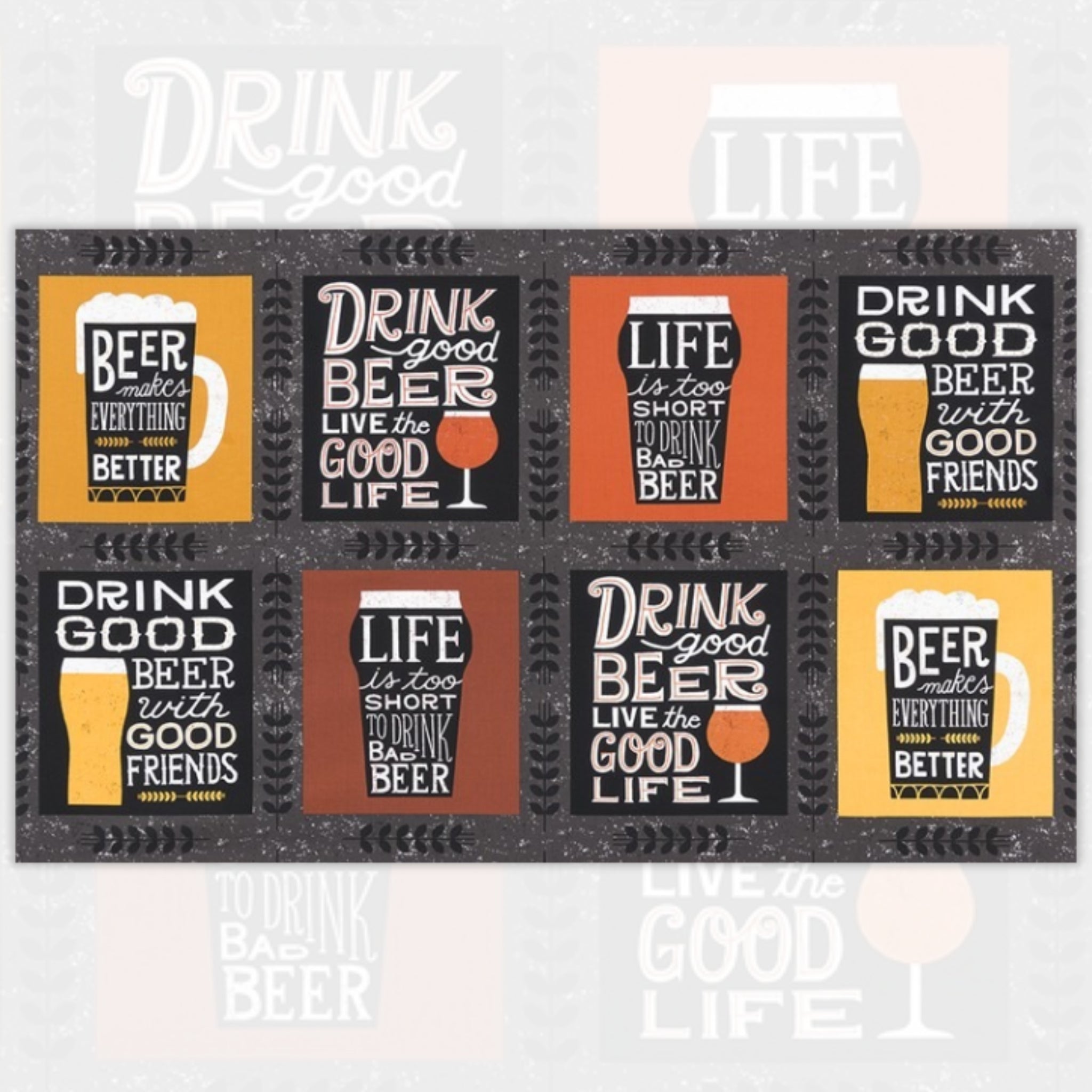 Beer quotes sayings panel charcoal amber rust novelty fabric for mens quilts cushions gifts husbands dads beer lovers