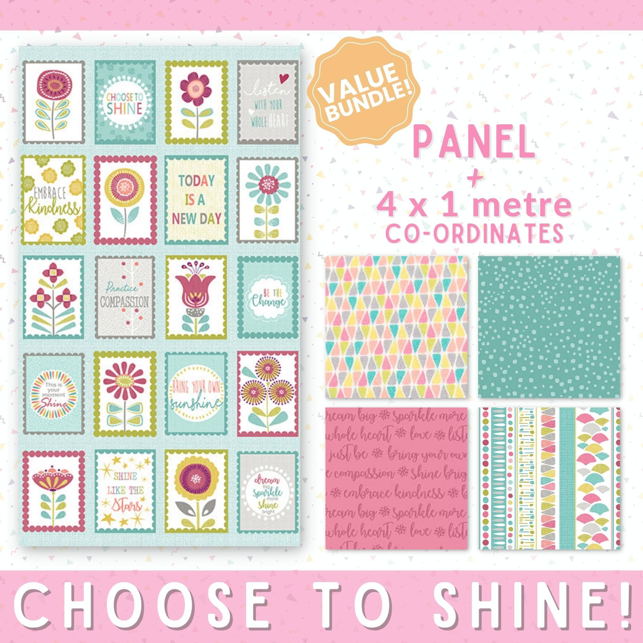 Discount fabric bundle of bright floral girl geometric patterns in pink and teal