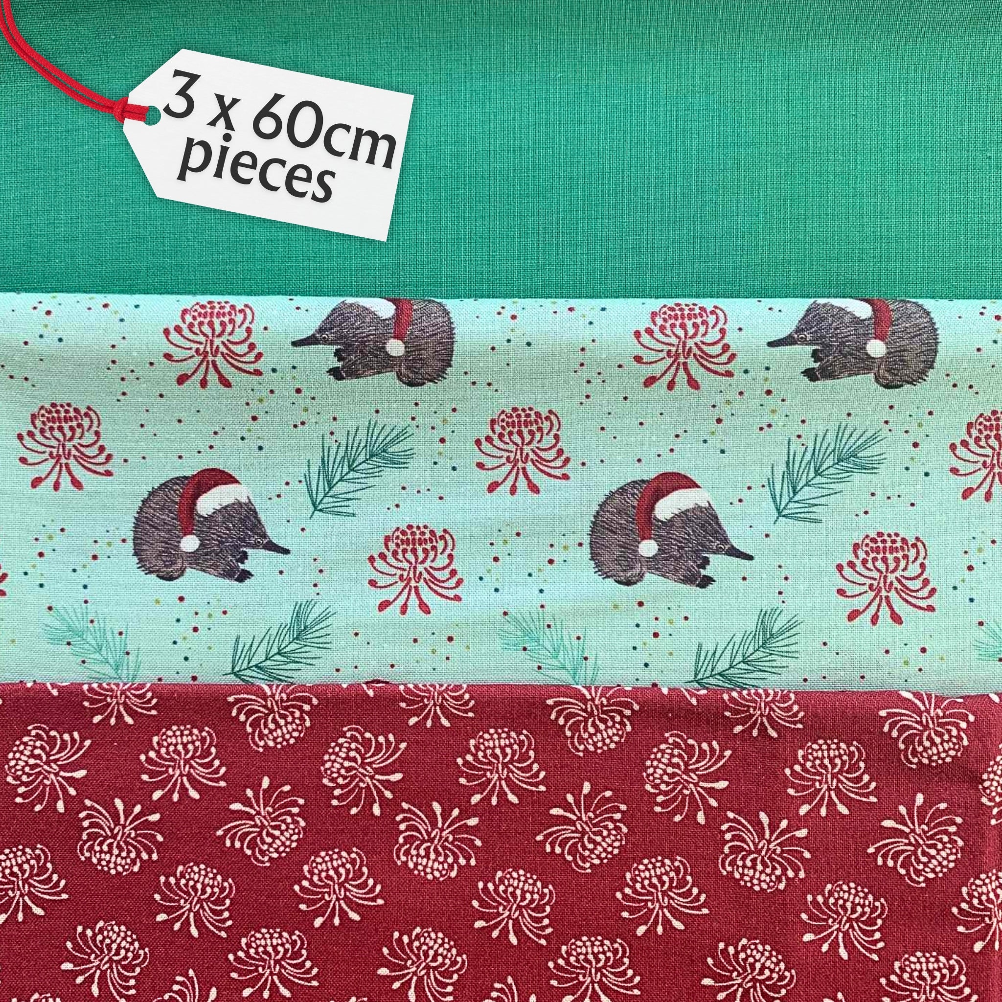 Australiana Christmas discount fabric bundle: teal solid, bilby, and red waratah print