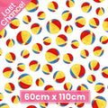 Colourful beach balls on white cotton fabric for summer quilts, beach tote bags and coastal sewing projects