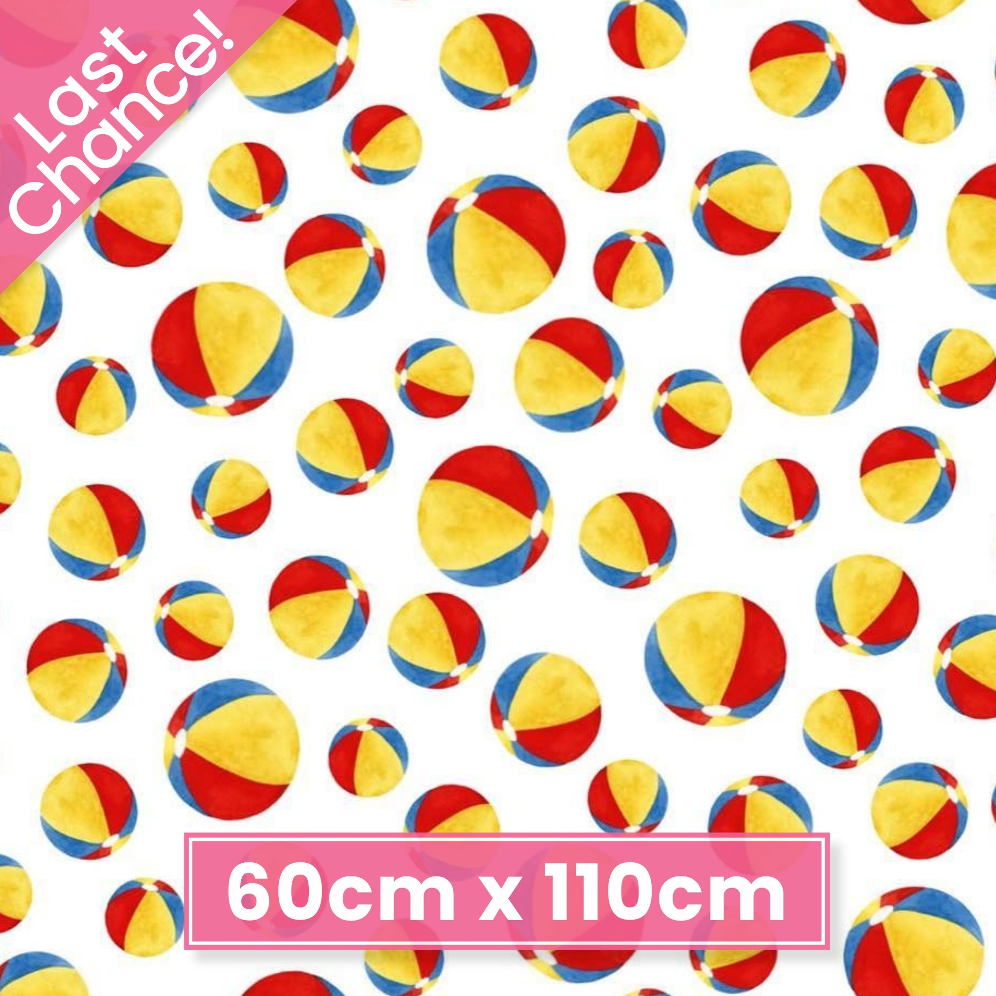 Colourful beach balls on white cotton fabric for summer quilts, beach tote bags and coastal sewing projects