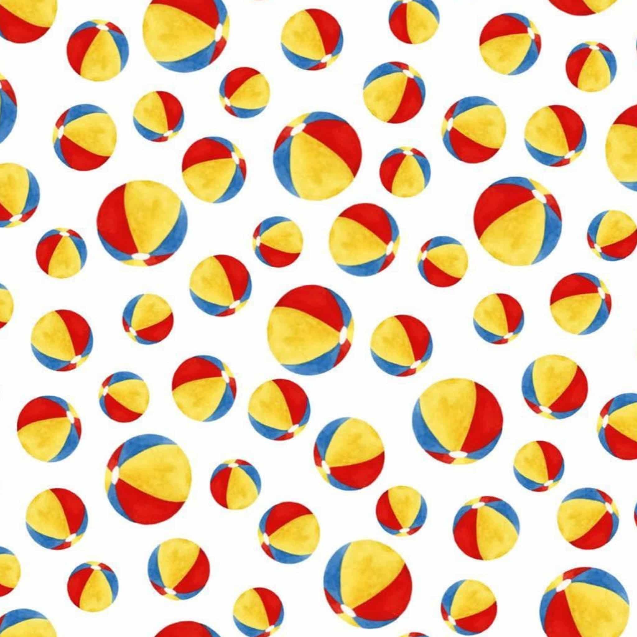 Colourful beach balls on white cotton fabric for summer quilts, beach tote bags and coastal sewing projects