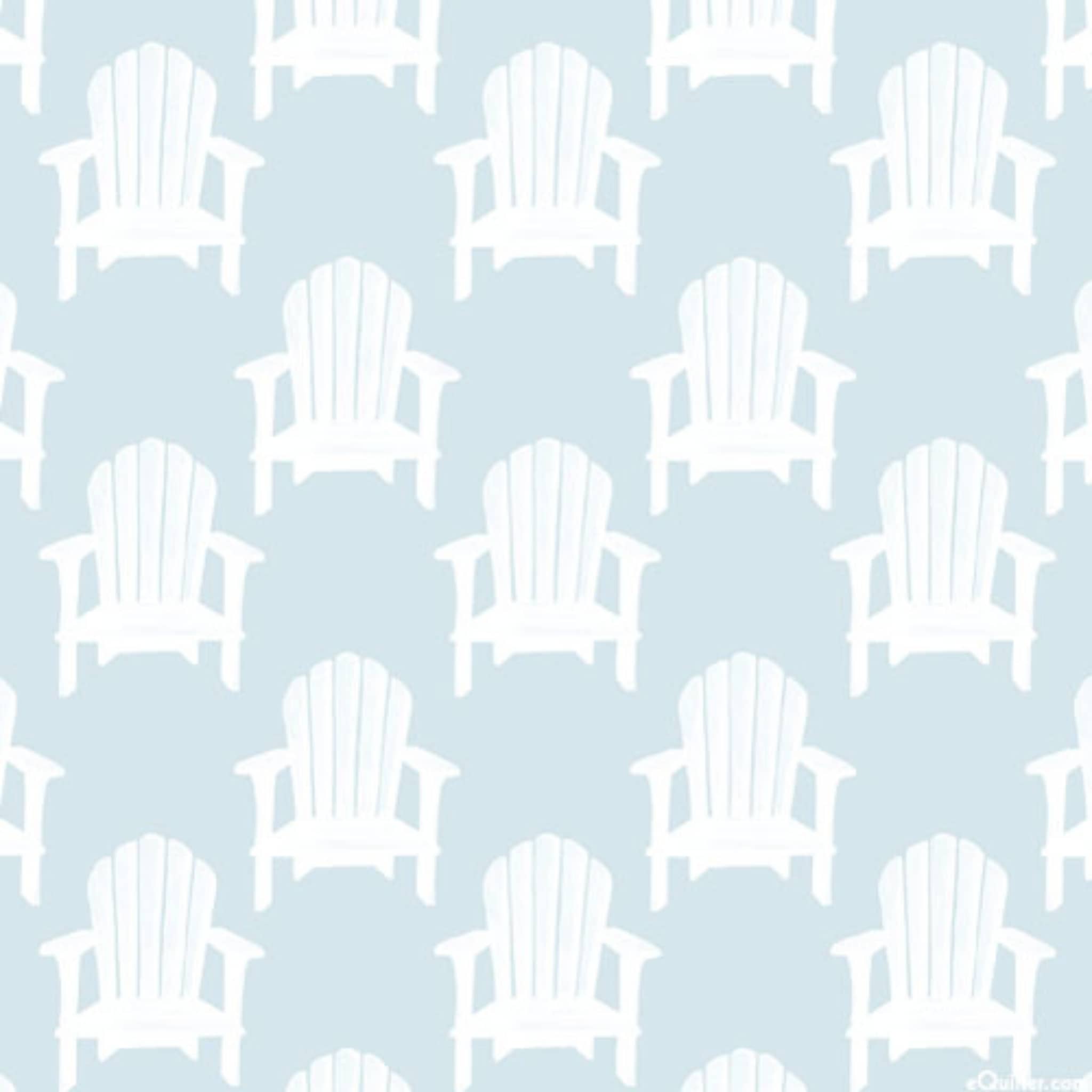 Adirondack beach chairs on light blue cotton fabric for coastal quilts, beach tote bags and summer sewing projects