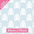 Adirondack beach chairs on light blue cotton fabric for coastal quilts, beach tote bags and summer sewing projects