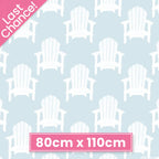 Adirondack beach chairs on light blue cotton fabric for coastal quilts, beach tote bags and summer sewing projects