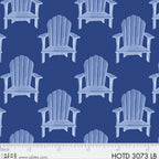 Pattern of Adirondack chairs on a blue background for coastal quilts and summer themed sewing projects